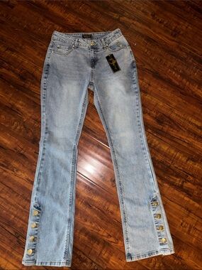 Baby Phat Light Blue Flare Jeans with Gold Button Detail